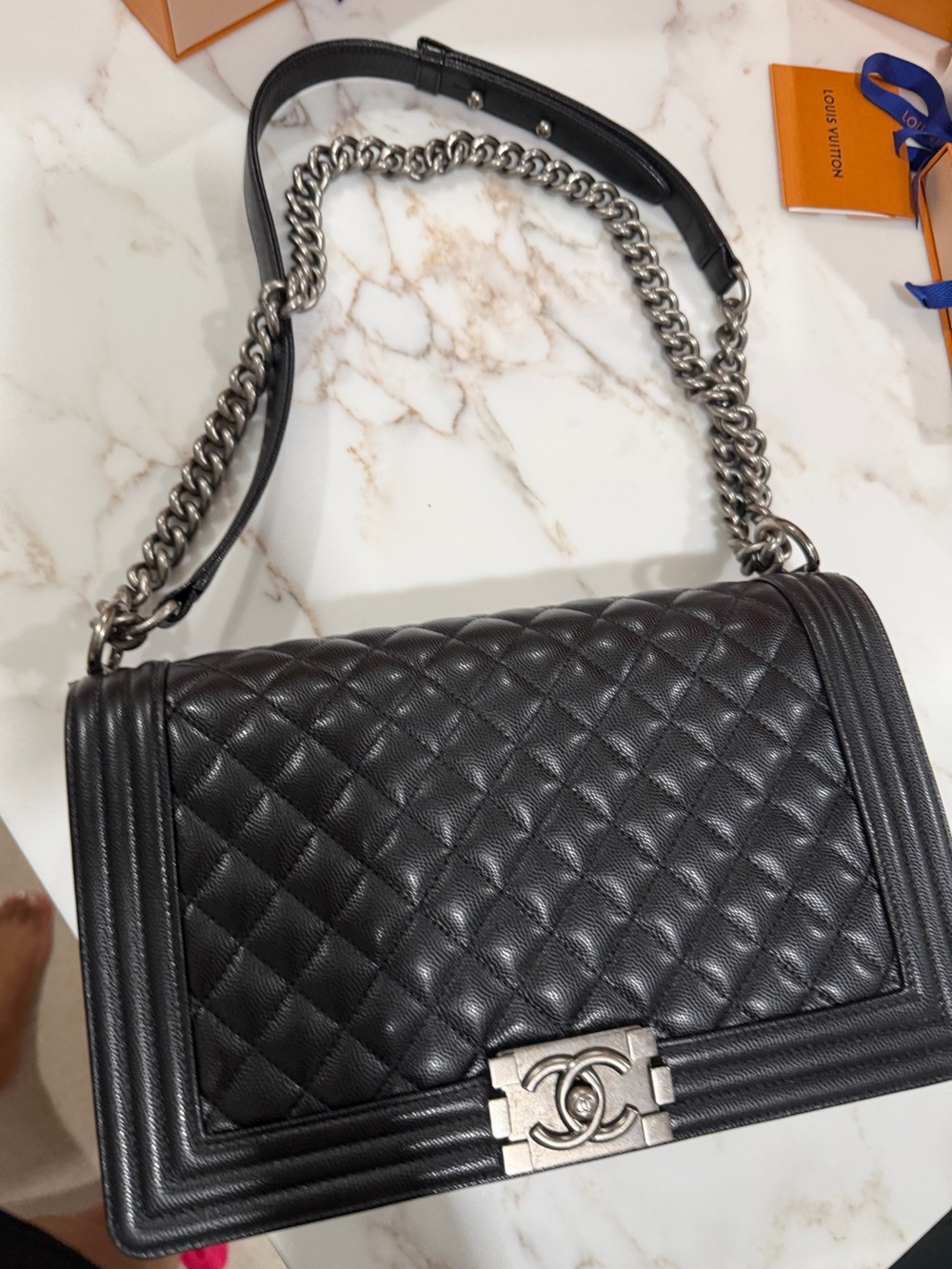 CHANEL Black Quilted Leather Shoulder Boy Bag with Silver-Tone Chain